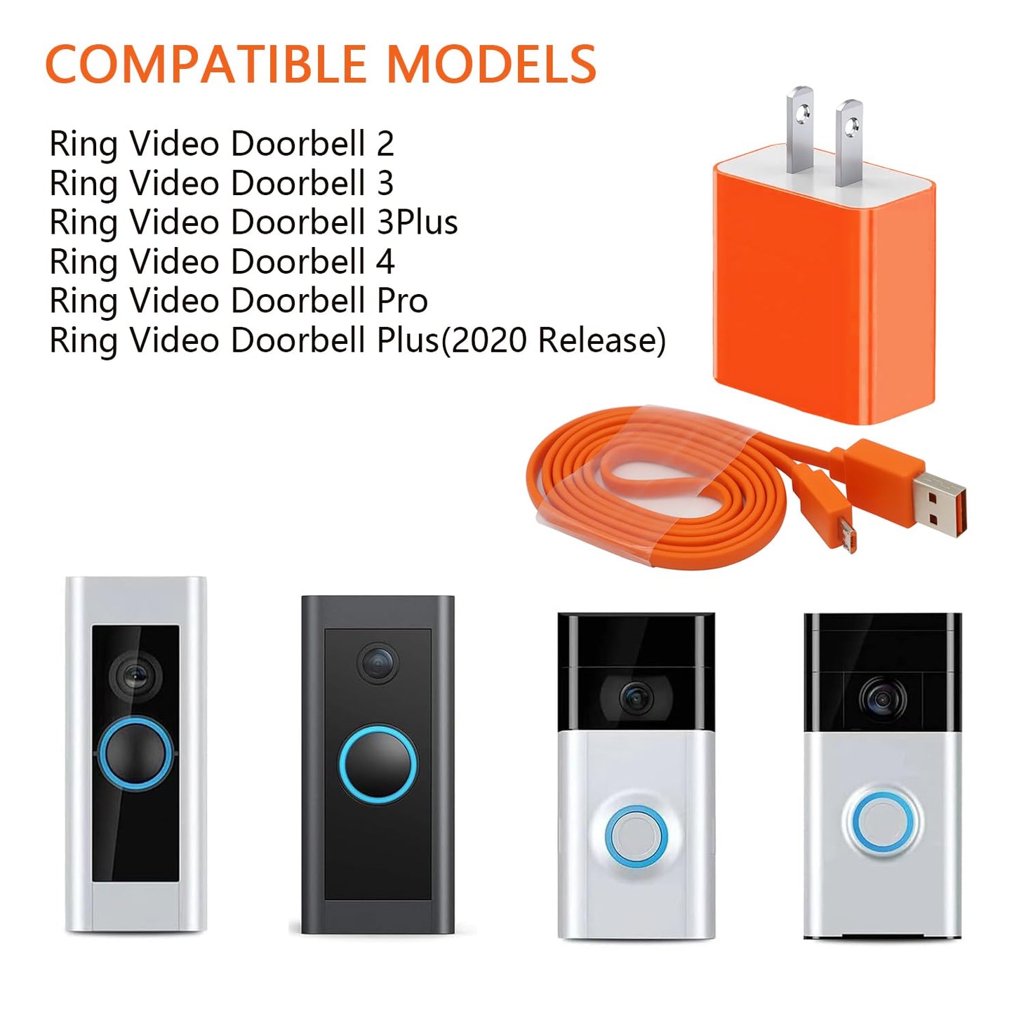 JAINTA 2 Pack Charger Charging Cable Compatible for Ring Enabled Video Doorbell (Released in 2020) 2/3/3 Plus/ 4, Peephole Cam, Doorbell Pro, Camera
