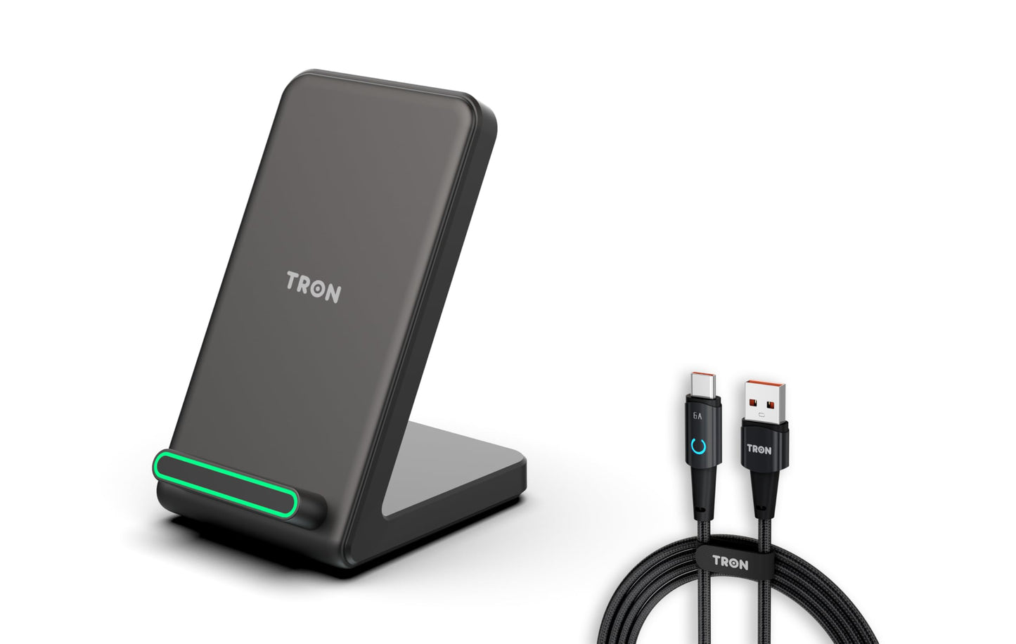 TRON Wireless Fast Charging Stand, 15W Induction Charger with LED Light, 6FT Cable - Compatible Android S24/S23/S22/S21/S20, Note 20/10, iPhone