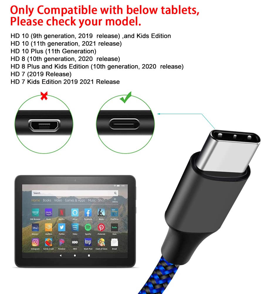 3 Pack 6ft USB C Cable Compatible with Kindle E-Readers,Fire Tablets (All-New HD 10 9th 10th 11th Generation,HD 8,8 Plus 2020 2022 Release,7 Kids