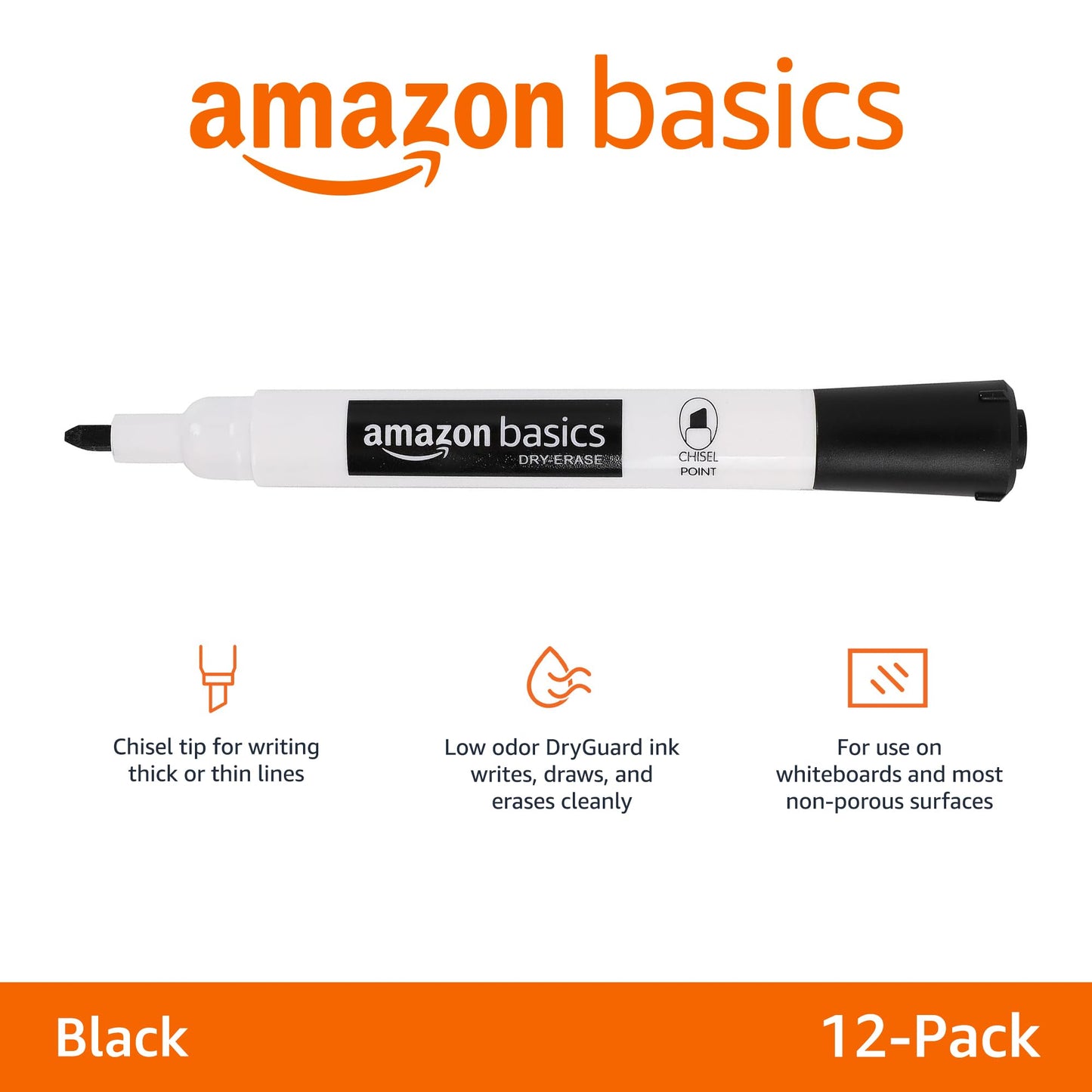 Amazon Basics Lowe-Odor Dry Erase Whiteboard Markers, Chisel Tip, Quick-Dry, Black, 12-Pack