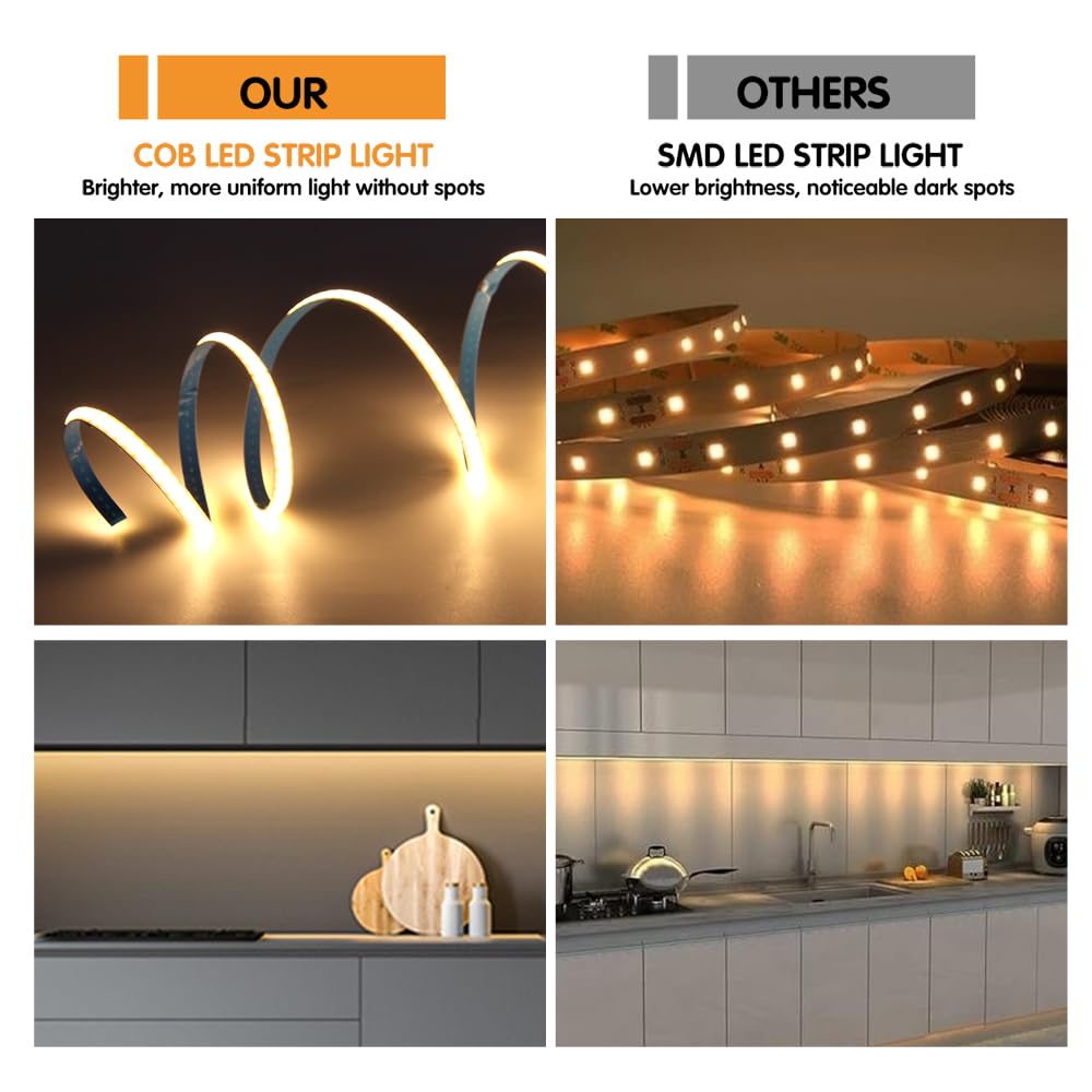 12V 3M/9.84ft COB LED Strip with Extension Cord Tail,6000K Cold White,400LEDs/M,CRI 90+,5mm Width,Uniform Dotless LED Tape Light for Cabinet Camper