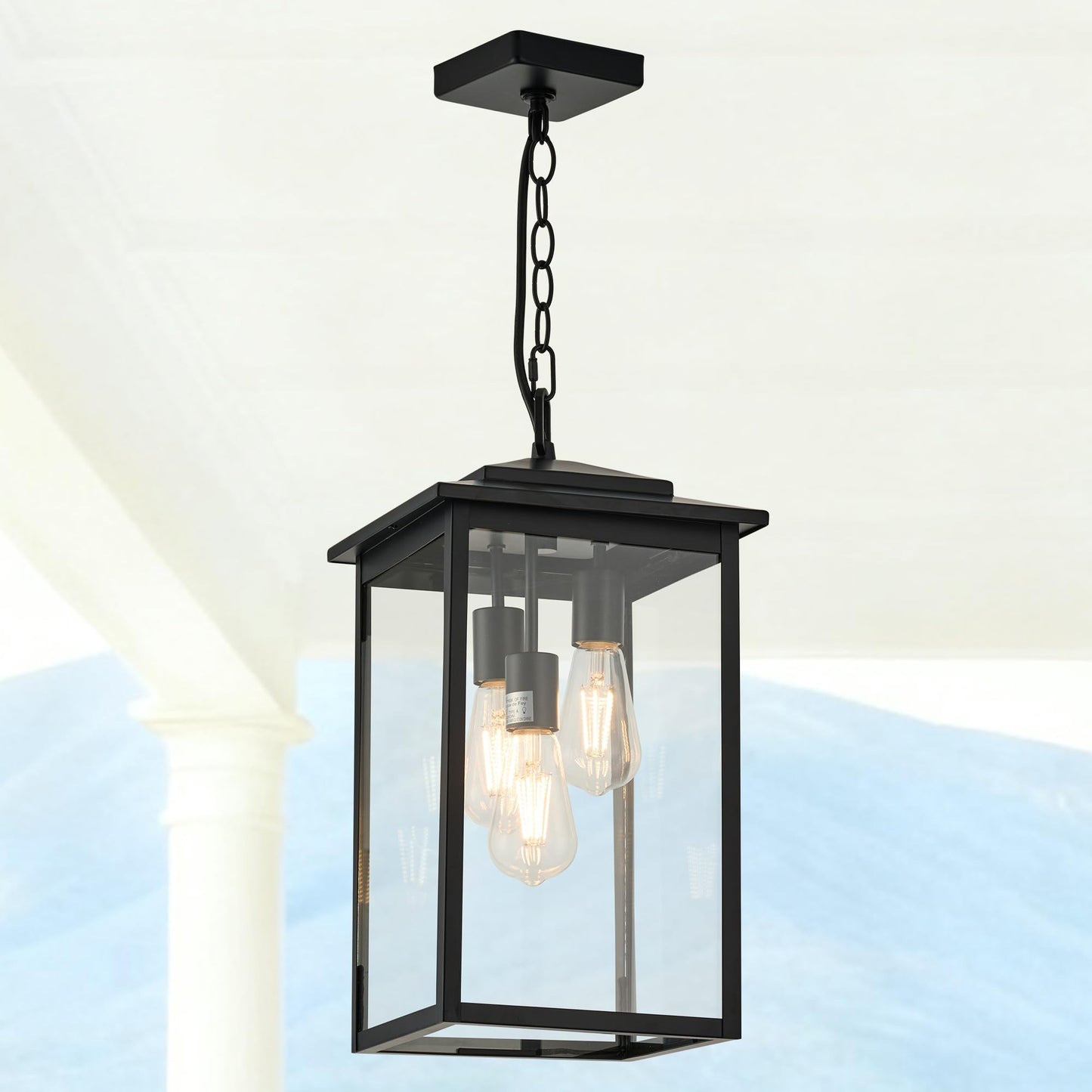 Outdoor Hanging Light Fixture 3-Light, Modern Black Metal Outside Chandelier Exterior Hanging Fixture Ceiling Mount with Clear Glass Shade for Front