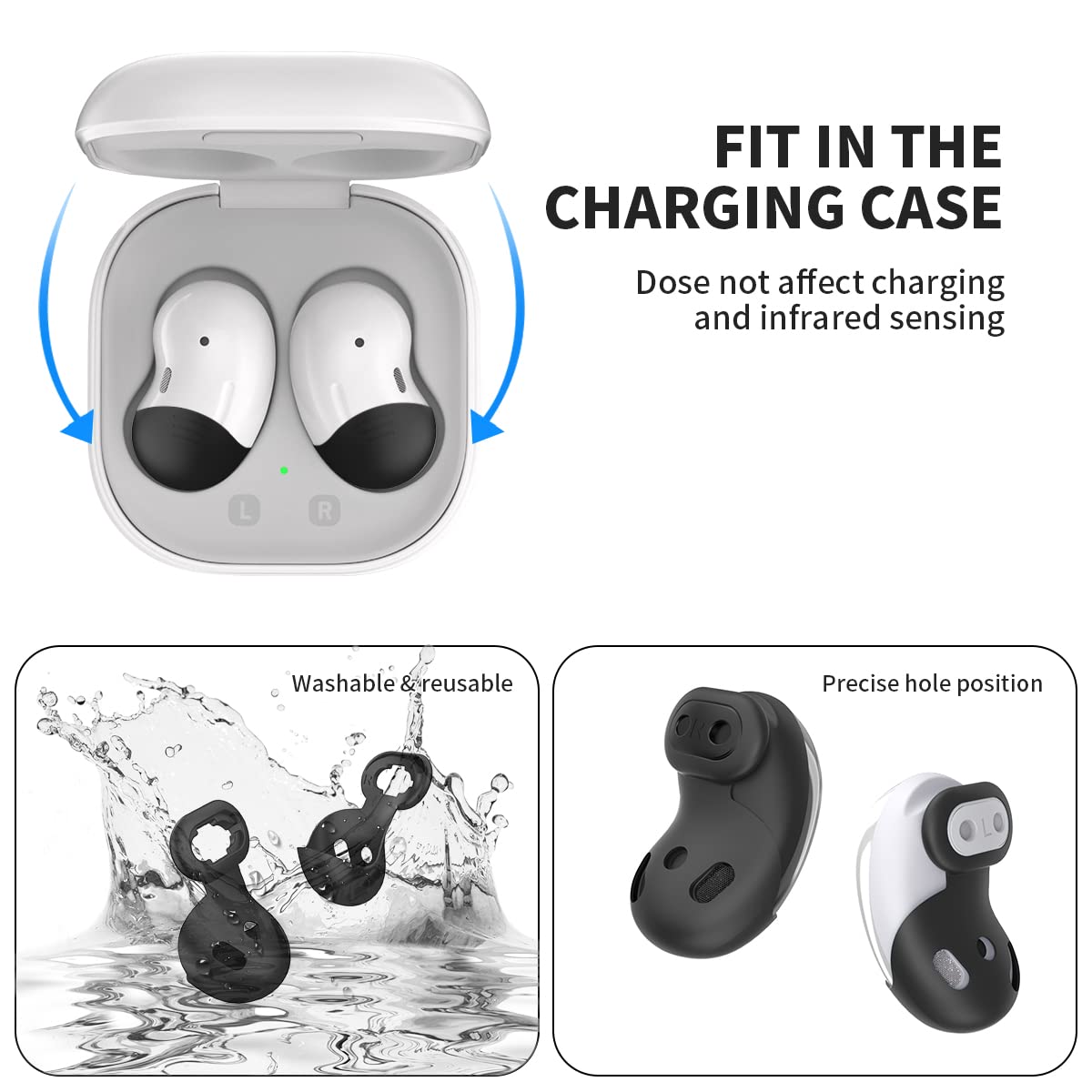 [8 Pairs] Galaxy Buds Live Ear Tips - Anti-Slip Silicone Cover Compatible With Samsung Galaxy Buds Live Earbuds Accessories Wing Replacement (Black)