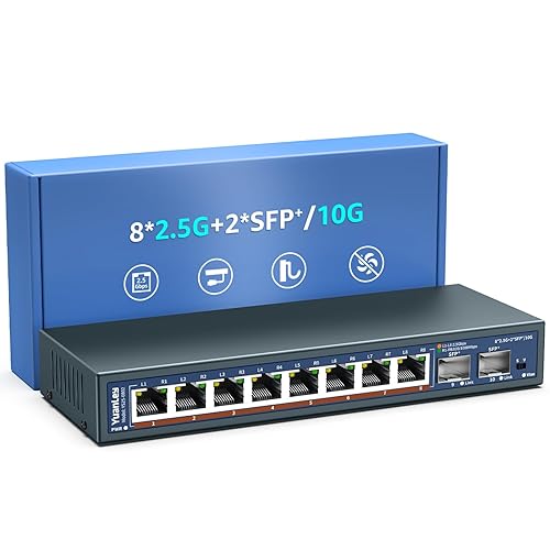 10 Port 2.5G Unmanaged Ethernet Switch, 8 x 2.5G Base-T Ports, 2 x 10G SFP, Compatible with 100/1000/2500Mbps, VLAN, Fanless, Desktop/Wall Mount