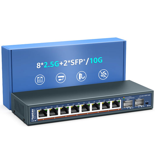 10 Port 2.5G Unmanaged Ethernet Switch, 8 x 2.5G Base-T Ports, 2 x 10G SFP, Compatible with 100/1000/2500Mbps, VLAN, Fanless, Desktop/Wall Mount