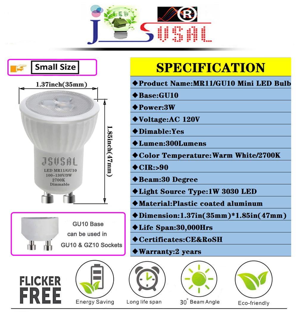 JSVSAL MR11 GU10 Mini LED Bulb,2700K Warm White,AC 120V,Dimmable,6-Pack