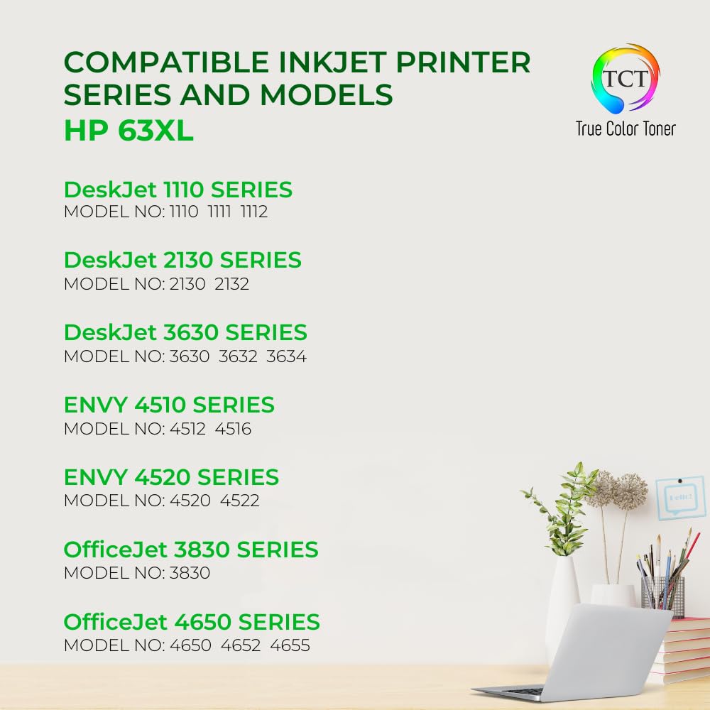 TCT 63XL Black Ink Cartridge 2 Pack - Compatible Replacement for HP 63XL F6U64AN Black High Yield Works with HP Deskjet 1110 2130 3630 Envy 4520