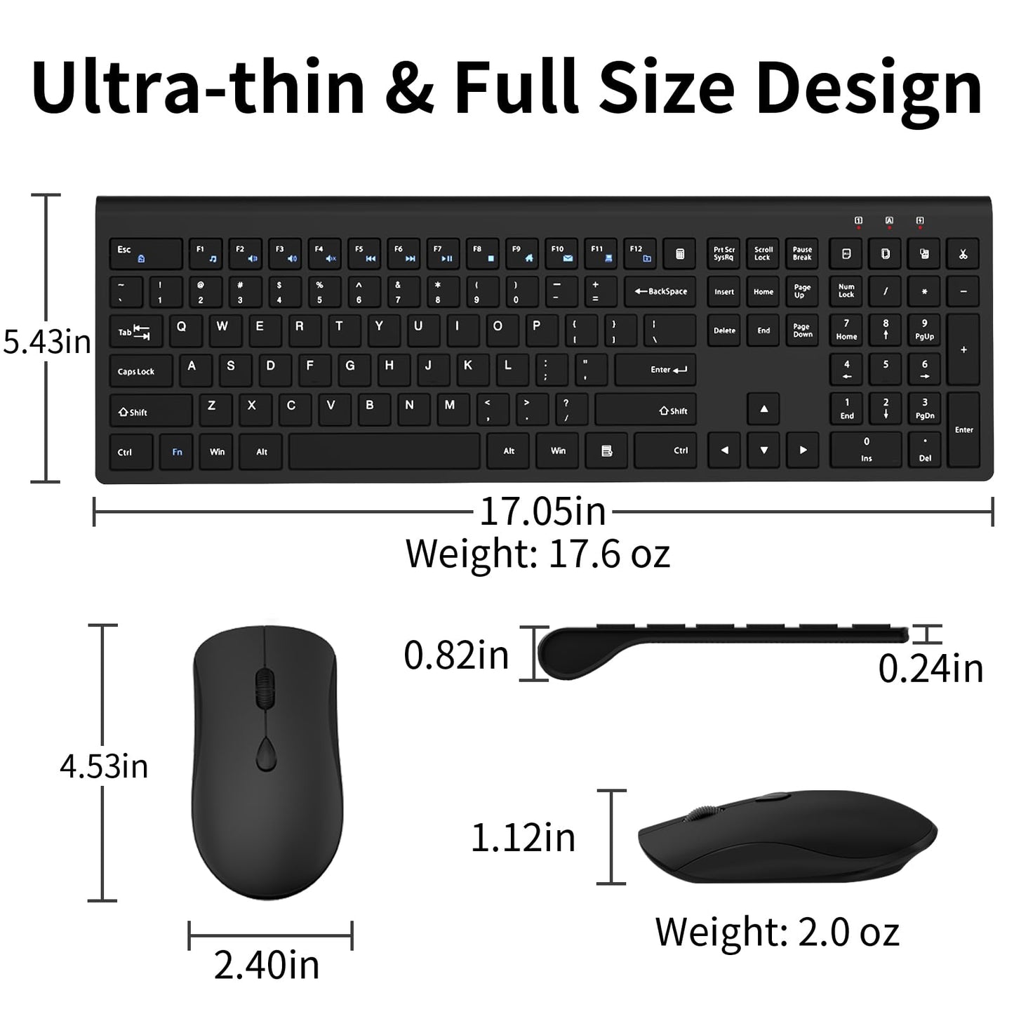 Wireless Keyboard and Mouse Combo, Silent Full-Size Computer Keyboard with Calculator Button, 2400 DPI Mice, Quiet Click, Slim Cordless USB Set