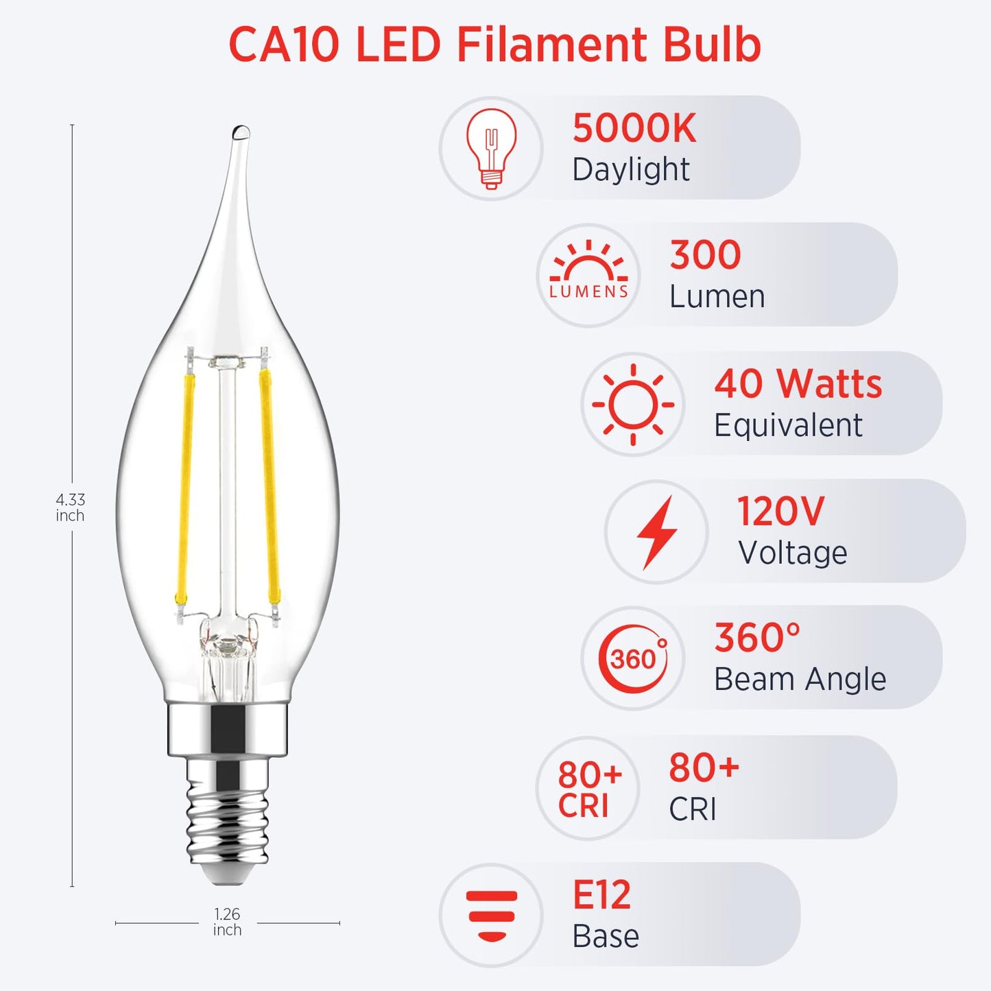 Sengled E12 Candelabra LED Bulbs Dimmable, 40W Equivalent CA10 Chandelier Light Bulbs, 5000K Daylight White Candle Bulbs for Chandeliers, Ceiling Fan