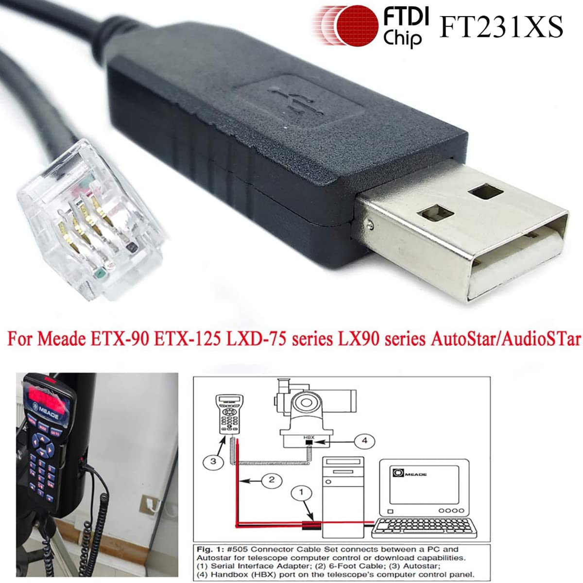 Usangreen USB to RJ9 RJ10 4P4C FT231XS RS232 Interface Handbox Control Cable for Meade 505 ETX-90 ETX-105 ETX-125 LXD75 LX80 LX90 497 AutoStar