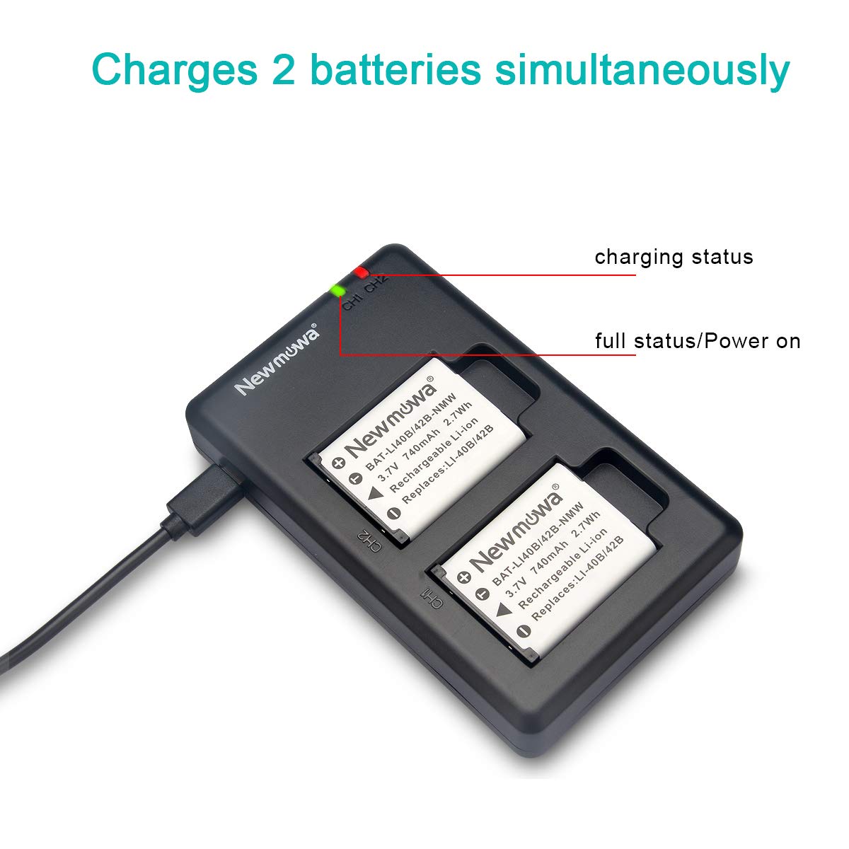 Newmowa Li-42B Replacement Battery (2 Pack) and Dual USB Charger Kit for Olympus Li-42B/Li-40B,Fujifilm NP-45S and Olympus Stylus 1040 1060 1070 7000