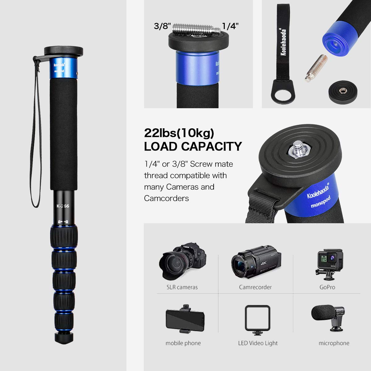 Koolehaoda 6-Section Monopod Compact Portable Photography Aluminum Alloy Unipod Stick, Max. Load 10kg / 22lbs, Folding Size is only 15-inch (K-266