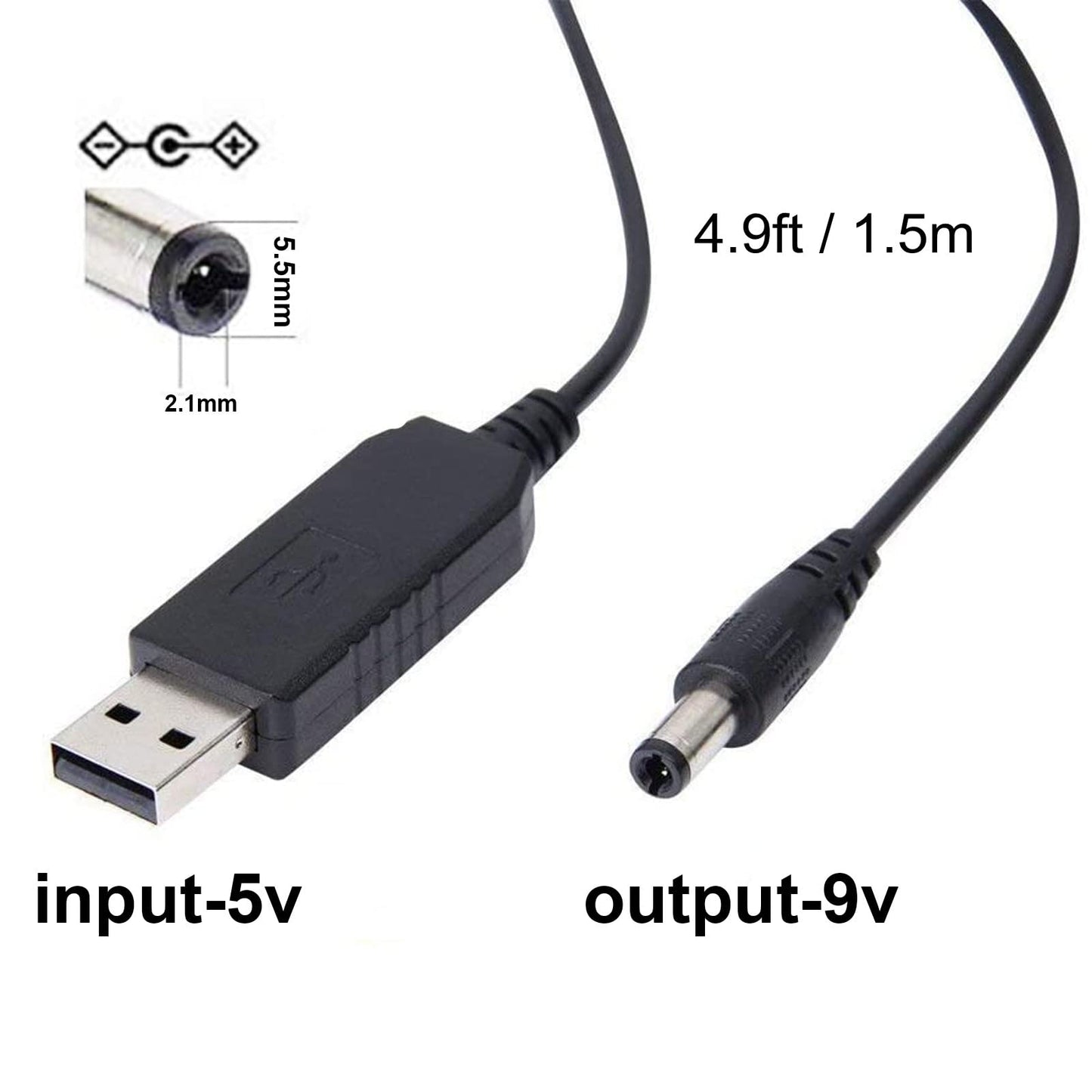 Sqrgreat USB to 9V Adapter - DC 5V to DC 9V Step Up Cable Cord with DC Jack 5.5 x 2.1mm for Fan, Table Lamp, Piano Keyboard, Bluetooth Audio, Wireless