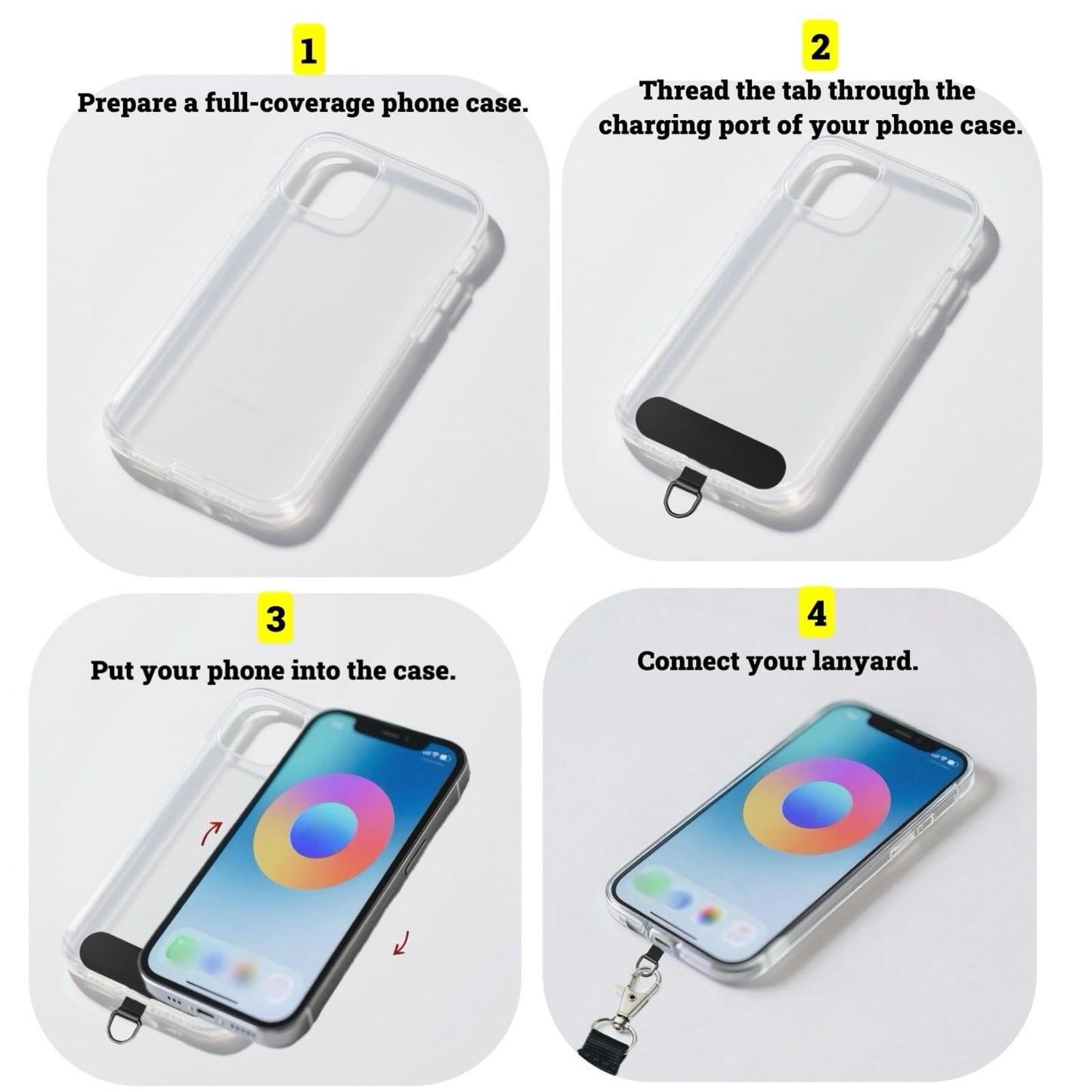 CAIMOREE 4 Pcs Cell Phone Lanyard Patch, Safety Tether Tab for iPhone, Phone Strap Replacement Part for All Full Phone Cases (Black)