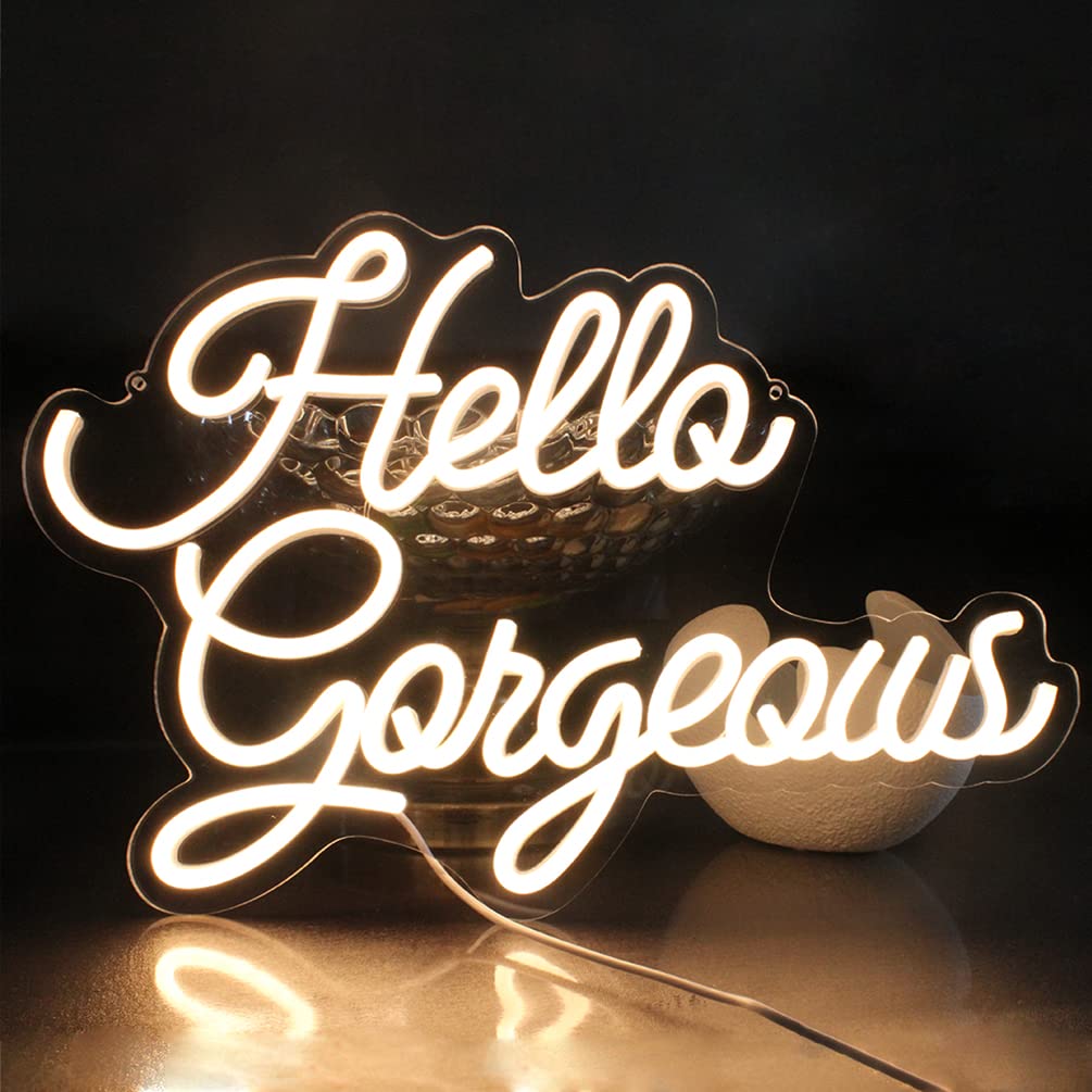 DAKABUKA Hello Gorgeous Neon Signs Hello Beautiful Warm White LED Light for Bedroom Wedding Birthday Backdrop Bacelorette Party Wth Dimmable