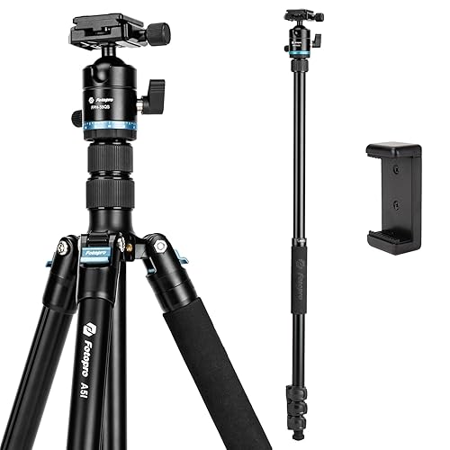 Fotopro 73" Camera Tripod, Aluminum Compact Travel Tripod and Monopod with 360° Ball Head Quick Release Plate, Professional Camera Tripod for DSLR