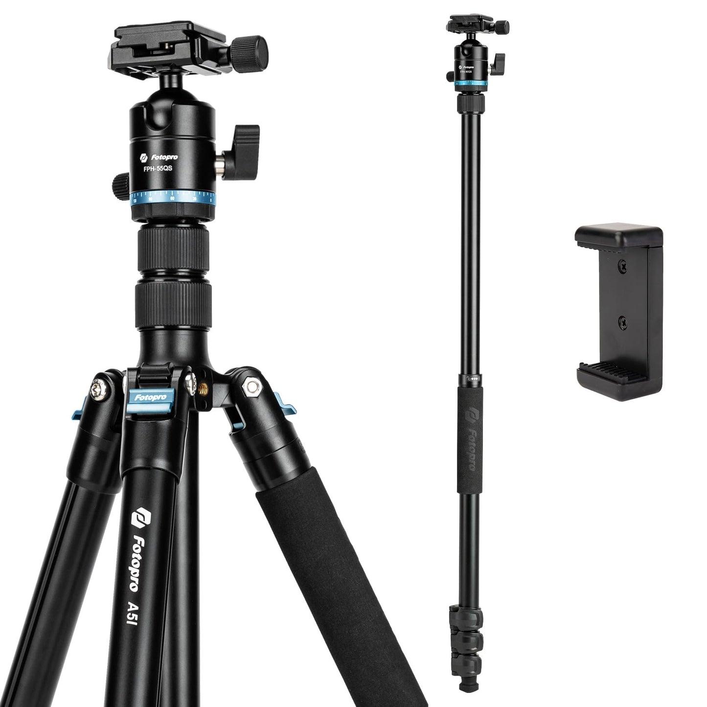 Fotopro 73" Camera Tripod, Aluminum Compact Travel Tripod and Monopod with 360° Ball Head Quick Release Plate, Professional Camera Tripod for DSLR