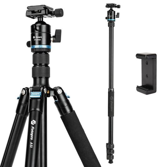 Fotopro 73" Camera Tripod, Aluminum Compact Travel Tripod and Monopod with 360° Ball Head Quick Release Plate, Professional Camera Tripod for DSLR