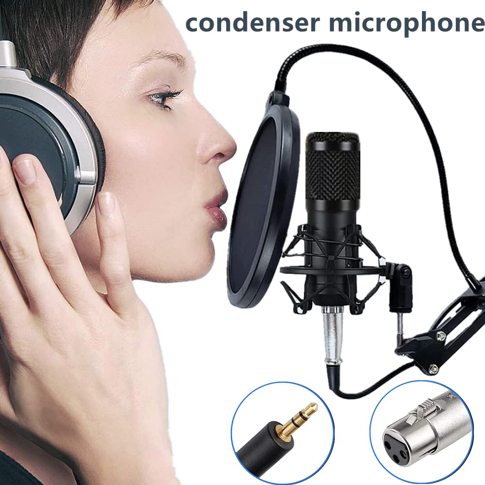 Podcast Equipment Bundle, BM-800 Mic Kit with Live Sound Card, Adjustable Mic Suspension Scissor Arm, Metal Shock Mount and Double-Layer Pop Filter