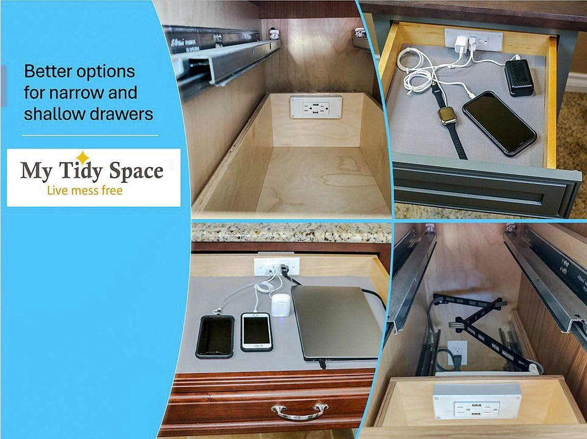 Low Profile in-Drawer Outlet (2) USB-A (2) 15 Amp Charging Station Plugs with Retractable arm