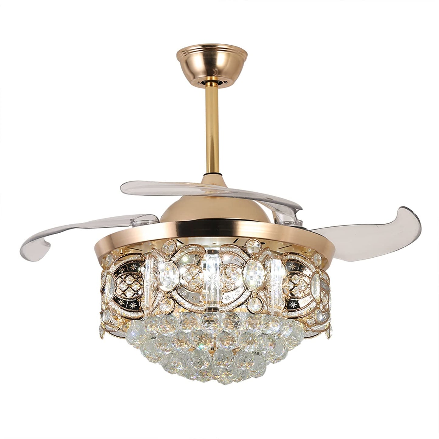 YIYIBYUS 42 Inch Luxury K9 Crystal LED Chandeliers Controller Retractable Ceiling Fans Lighting,Modern Dimmable Pendant Fandelier for Bedroom Living