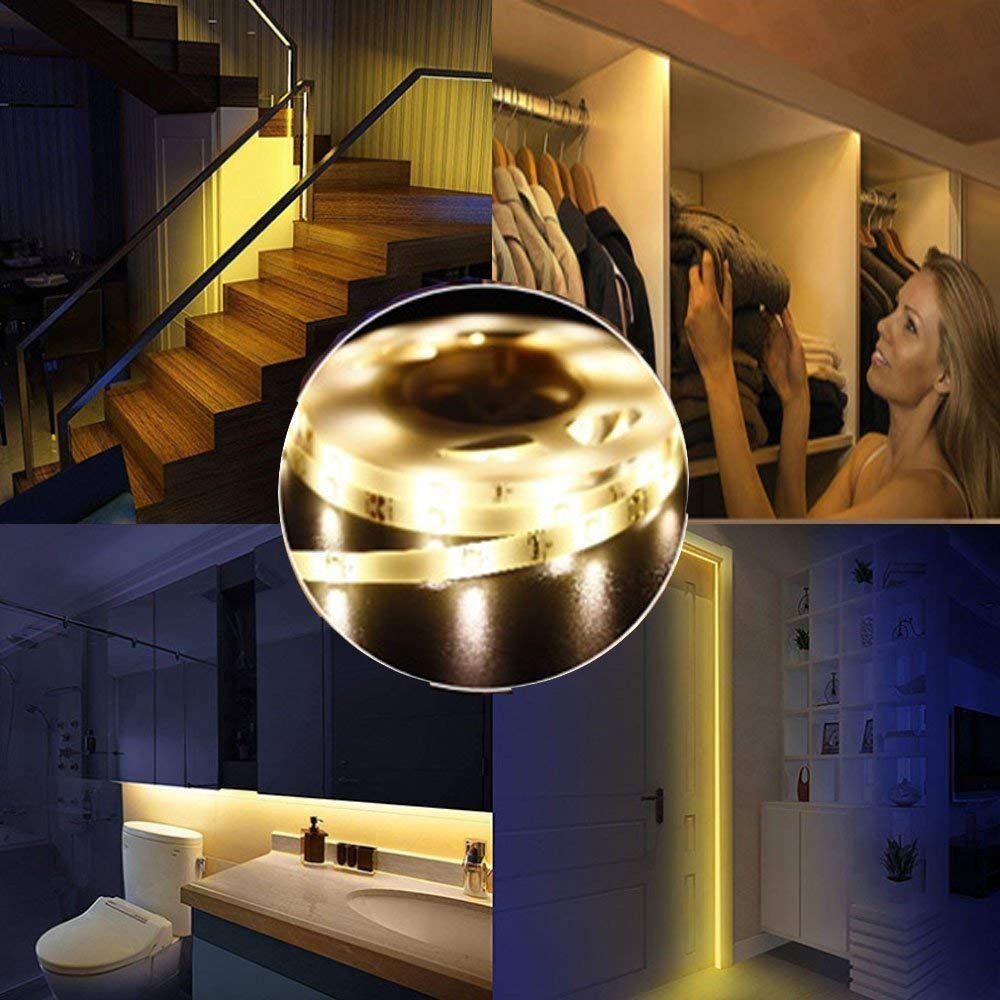 KUCAM Motion Sensor Wardrobe Light, 2M LED Strip Closet Lights, PIR Auto on/Off, Battery Powered Warm White for Bedside, Bathroom, Closet, Cabinet
