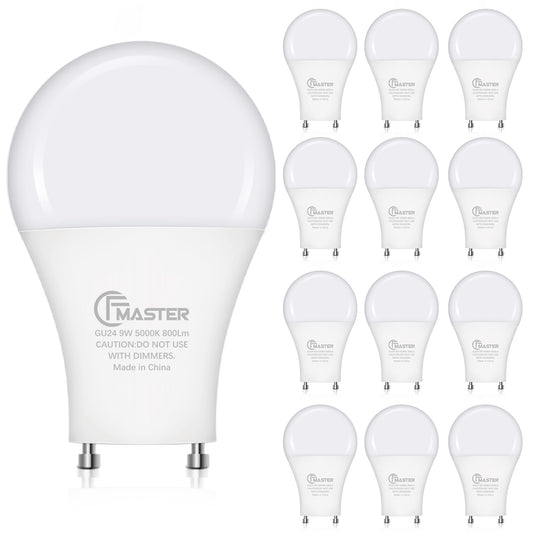 CFMASTER GU24 LED Light Bulb, 5000K Daylight, 9W(100W Equivalent), 800 Lumens, A19 Shape GU 24 LED Bulbs, Twist and Lock GU24 Pin Base with Two