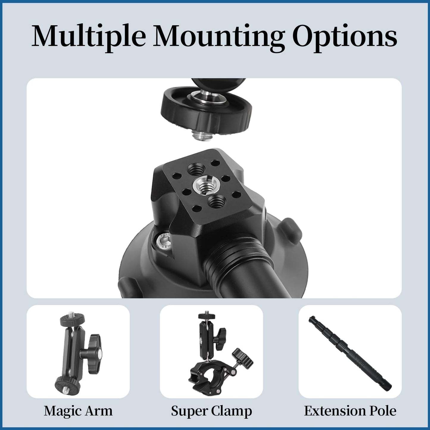 CNC Machined 3in Camera Suction Cup Mount with Adjustable Magic Arm, 1/4" ARRI Holes Quick Release Car Mount with Phone Holder & Action Camera Adapter