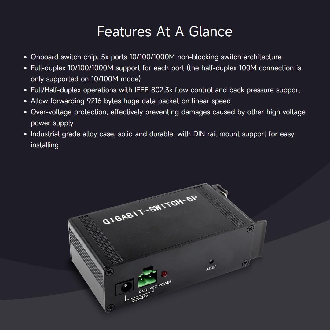 Waveshare Industrial Grade 5P Gigabit Ethernet Switch IEEE 802.3X-Compliant Full-Duplex 10/100/1000M Connection DIN Rail Mount