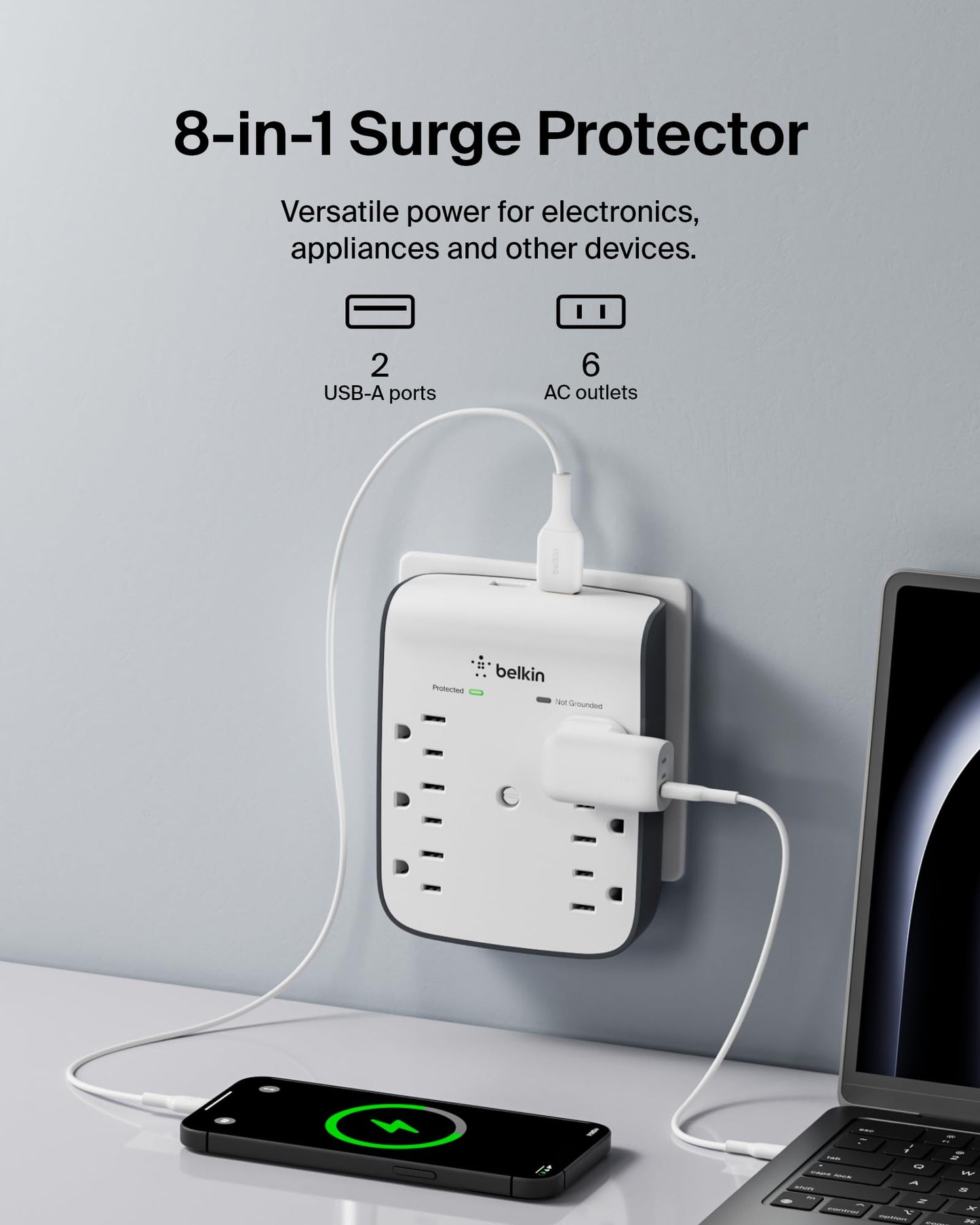 Belkin 6-Outlet Wall Surge Protector w/ 2 USB-A Ports, Wall-Mountable Surge Protector for Home, Office, Travel, Computer Desktop, Laptop, Phone