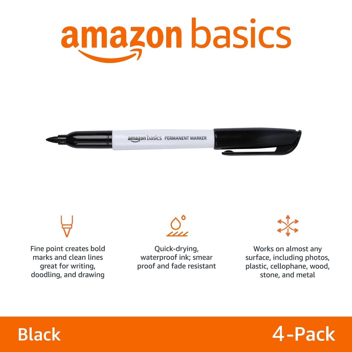 Amazon Basics Fine Tip Point Permanent Markers for Office, School, and Home Use, Black, 4 Pack