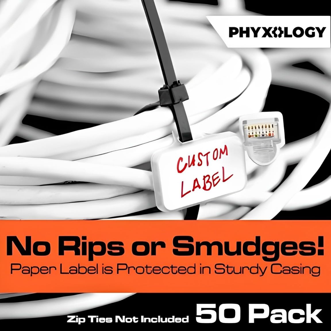 Heavy Duty Zip Tie Labels for Cables and Cords, 50Pk. Durable, Protective Box Attaches to Zip Ties for Cord and Cable Organization. Best Reusable Wire