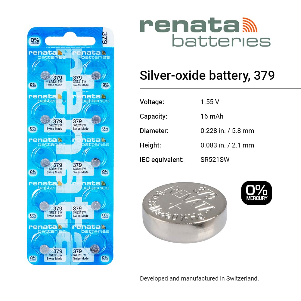 Renata 379 SR521SW Batteries - 1.55V Silver Oxide 379 Watch Battery (20 Count)