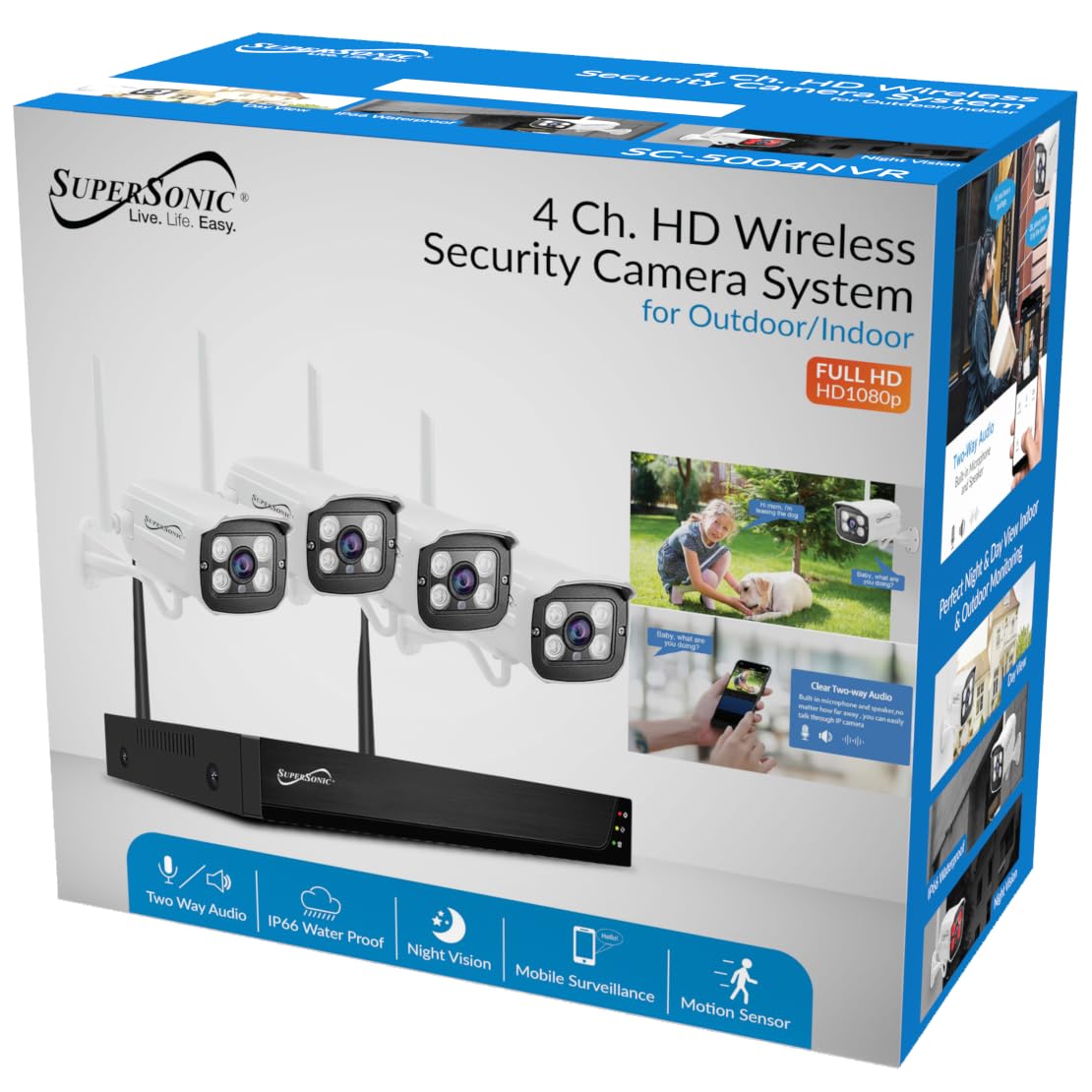 Supersonic SC-5004NVR 4CH 1080P Security Camera System WiFi, Waterproof, 2-Way Audio, Night Vision, App Remote Access, HDMI/VGA Output, 6TB HDD