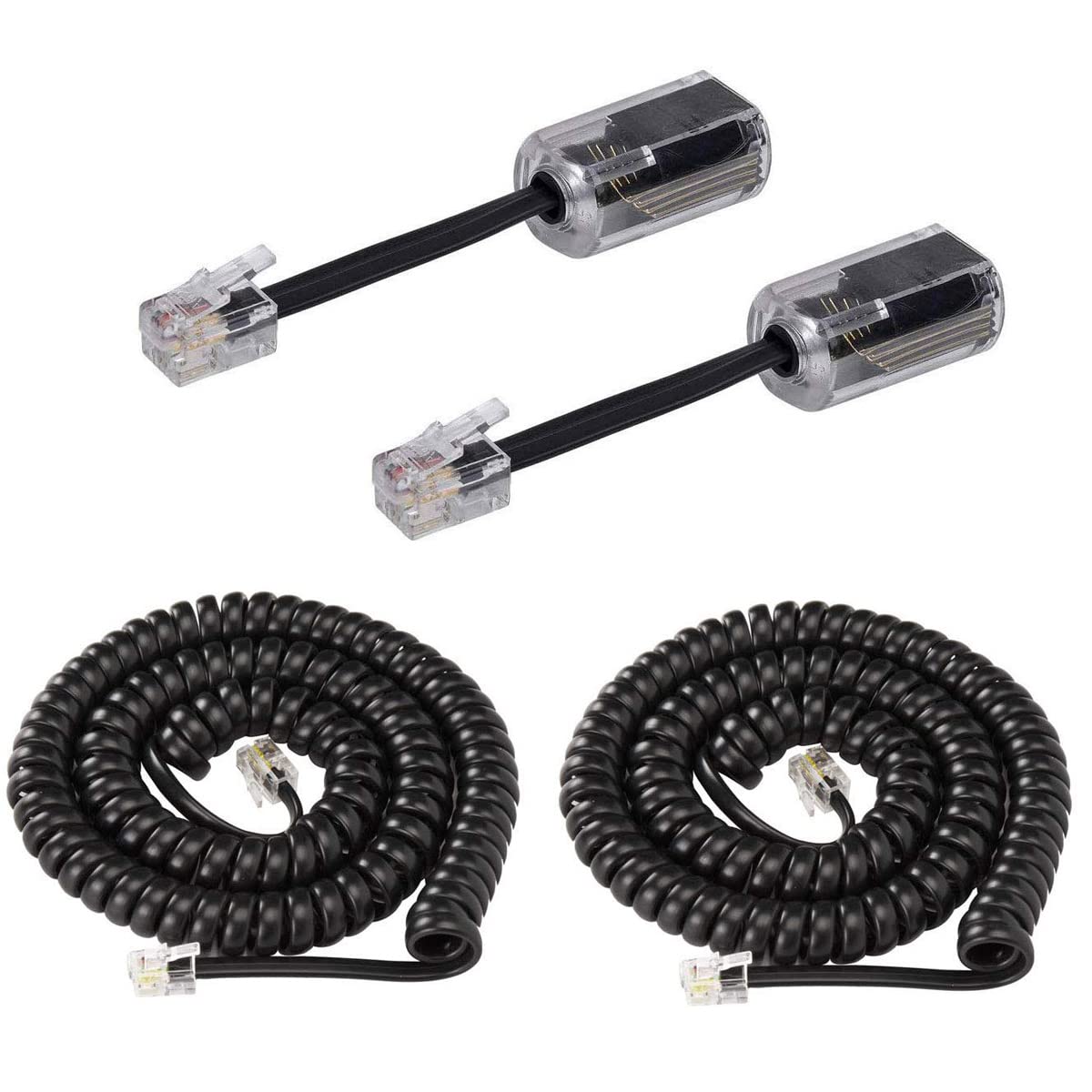 KINXIYU Telephone Handset Cord Detangler 2 Sets, 2 Pack Landline Handset Cord Cable (7.5Ft Uncoiled, 1.5 Ft Coiled) and 2 Pack Anti-Tangle Telephone