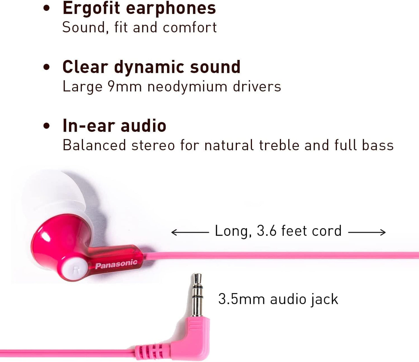 Panasonic ErgoFit Wired Earbuds, In-Ear Headphones With Dynamic Crystal-Clear Sound And Ergonomic Custom-Fit Earpieces (S/M/L), 3.5mm Jack For Phones