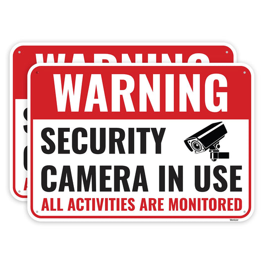 2PC Security Camera In Use Sign, 10 x 7 Inches - Aluminum - Warning All Activities Are Monitored