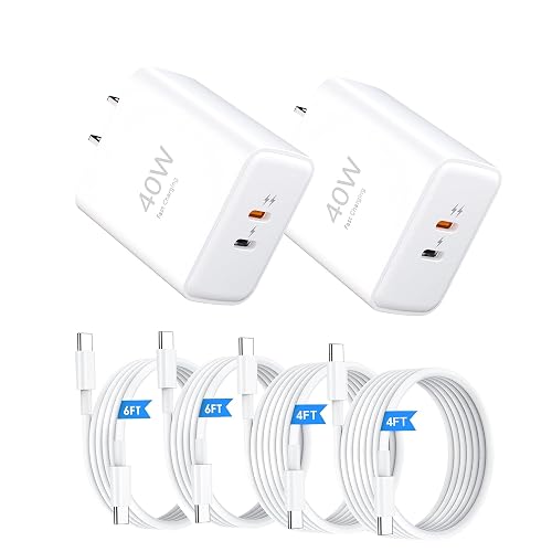 40W Dual-Port USB-C Fast Charger with Charging Cable (4 ft + 6 ft), USB-C Charger Bundle for iPhone 17/16/15 Pro Max, Samsung Galaxy S24, iPad, Pixel