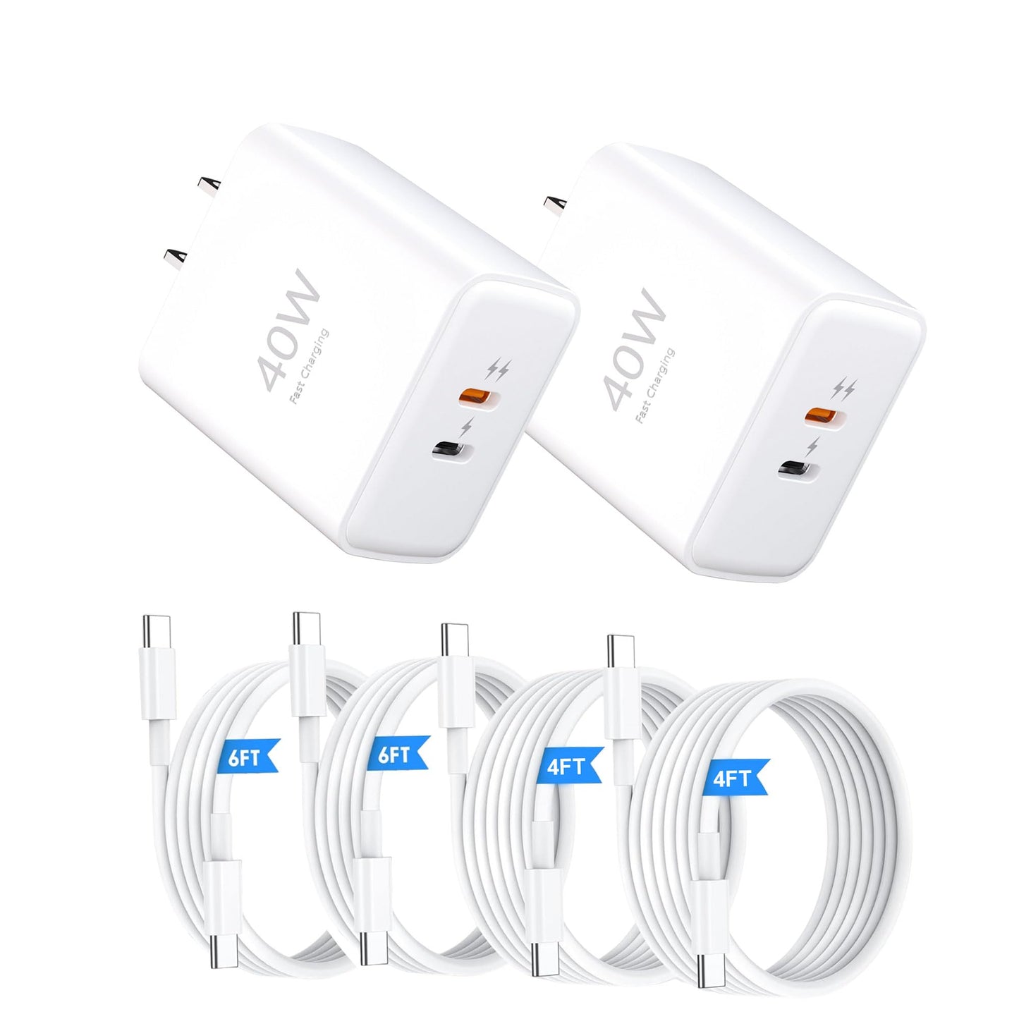 40W Dual-Port USB-C Fast Charger with Charging Cable (4 ft + 6 ft), USB-C Charger Bundle for iPhone 17/16/15 Pro Max, Samsung Galaxy S24, iPad, Pixel