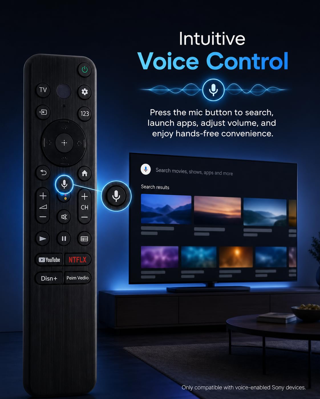 HSHONG Voice Remote for Sony Smart TVs, Replacement Control with 4 Quick Link Buttons, Compatible with All 2018-2025 Sony Bravia Google 4K UHD LED LCD