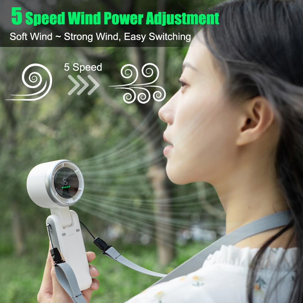 DONGKER Portable Handheld Fan,5 Speed Mini Foldable Turbo Fan, USB Rechargeable, 180° Adjustable with 3600mAh Battery & Lanyard