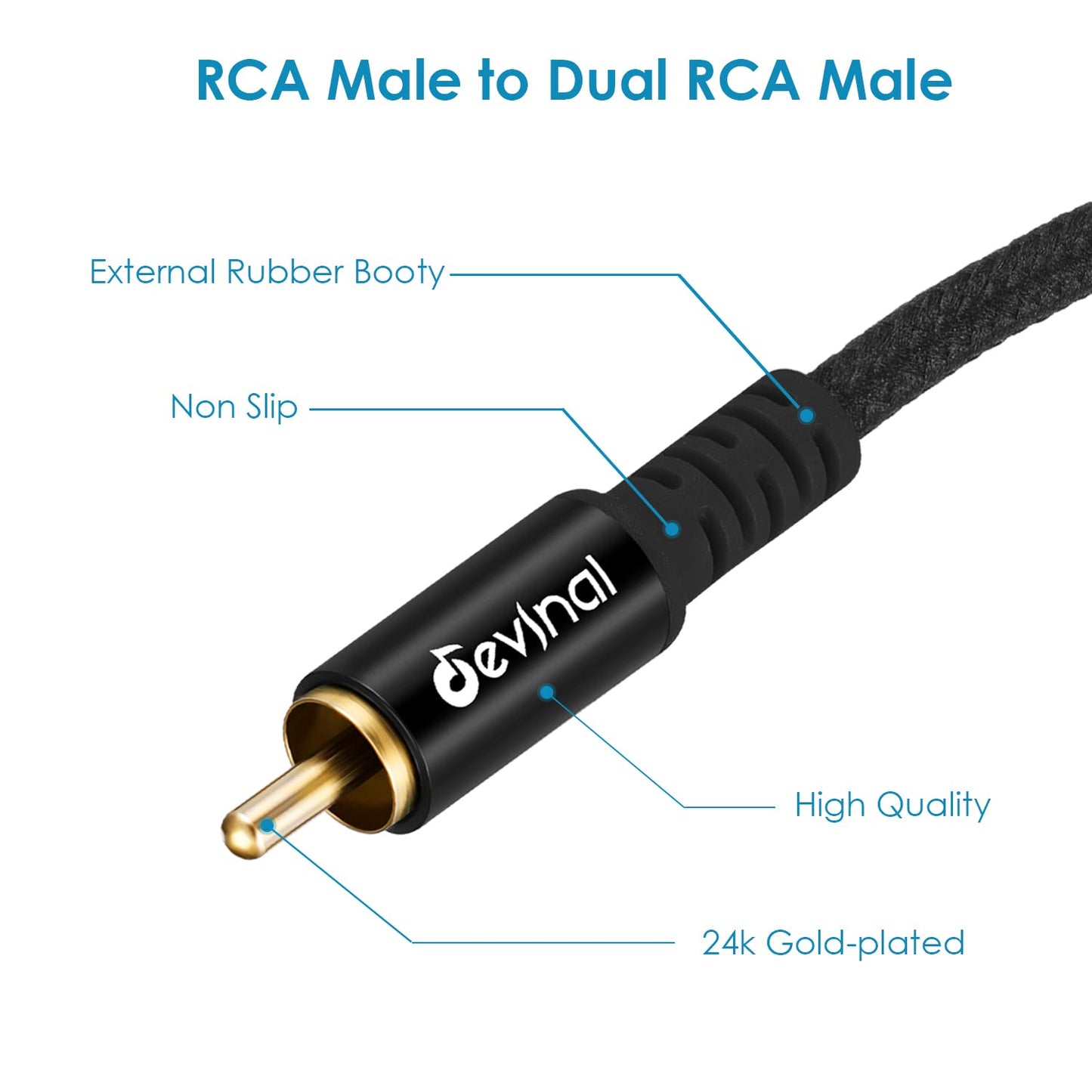 Devinal RCA Y Cable, RCA/Phono Y Splitter, RCA 1 Male to 2 Male Y Adapter, Male/Male Subwoofer Cable Gold Plated for subs/amps/Hi-Fis/Home
