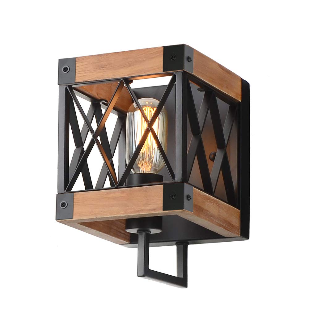 Eumyviv 1-Light Rustic Wood Wall Lamp with Mesh Cage Industrial Wall Sconce, Retro Bathroom Lamp Log Cabin Home Vintage Edison Sconce Light Fixture