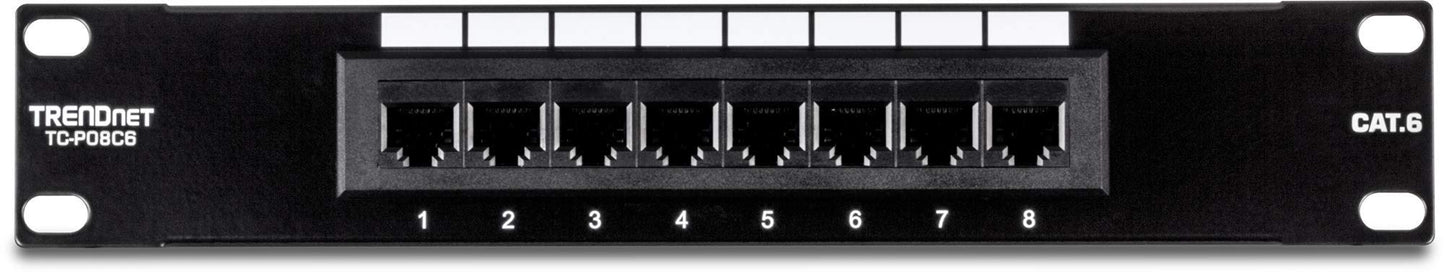 TRENDnet 8-Port Cat6 Unshielded Patch Panel, TC-P08C6, Rackmount, 10 Inch Wide, 8 x Gigabit RJ-45 Ethernet Ports, Pre-Numbered Ports, 250 Mhz
