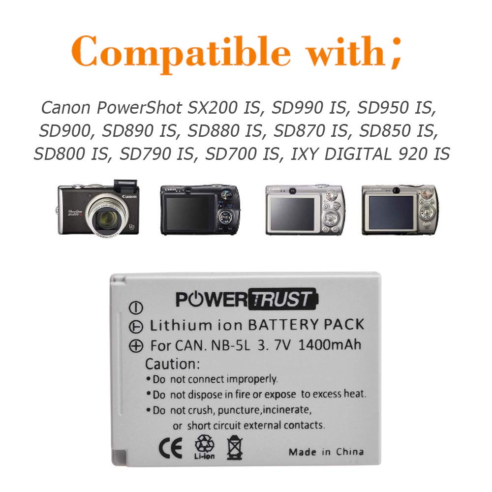 PowerTrust NB-5L Battery (3-Pack) and Fast Charger for Canon PowerShot S100 S110 SD700 is SD790 is SD800 is SD850 is SD870 is SD880 is SD890 is SD900