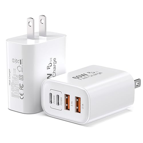 TT&C 60W USB-C Charger Block (2-Pack), 4-Port Fast Charging Hub (2 USB-C, 2 USB-A), PD 3.0 Wall Plug Compatible with iPhone 17/16/15, iPad & Samsung
