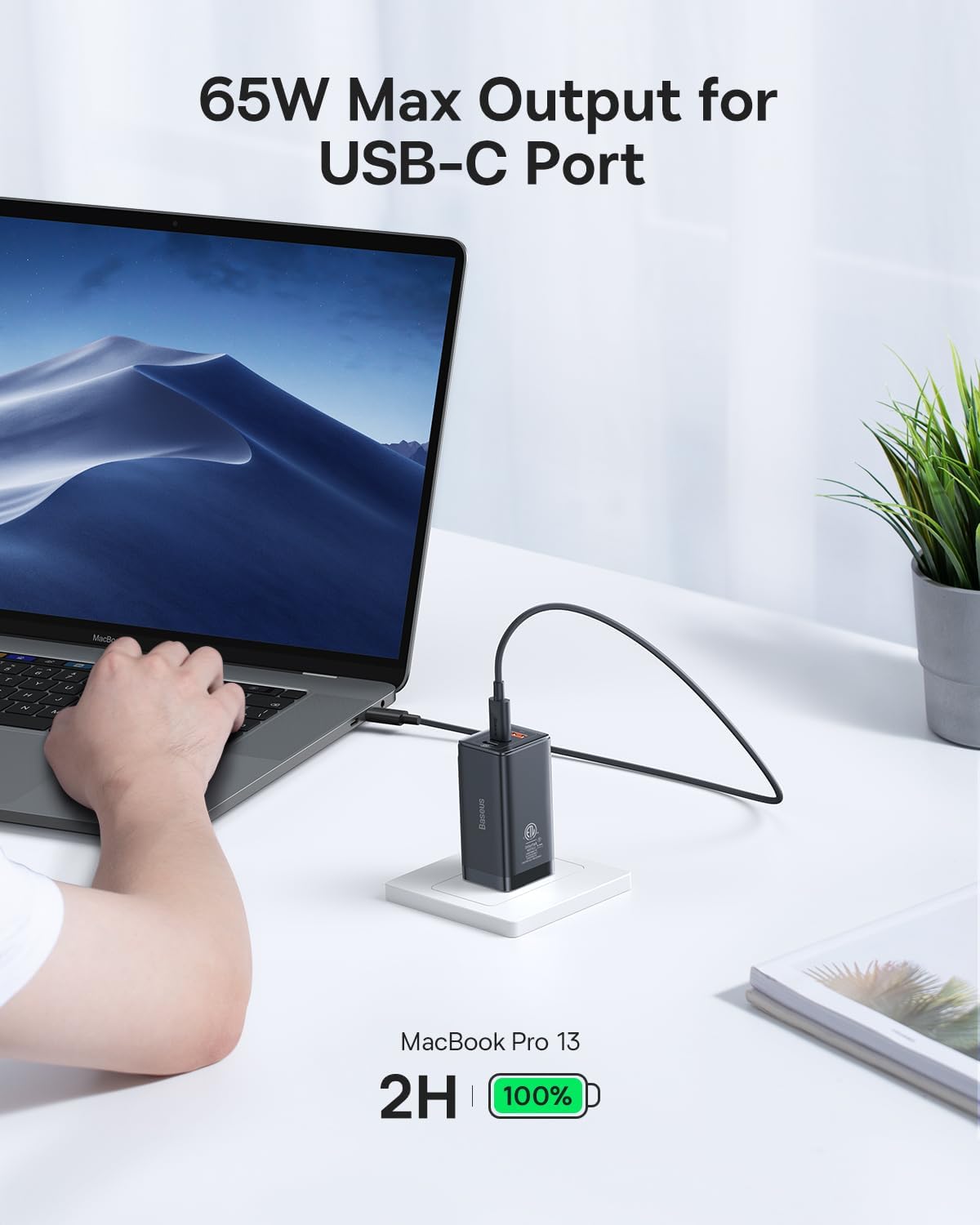 USB C Charger, Baseus 65W USB C Wall Charger, 3 Ports Foldable GaN Charger, Fast Charger Block for iPhone 15/14/13/Pro Max/SE/XR/XS, Galaxy S22+/S22