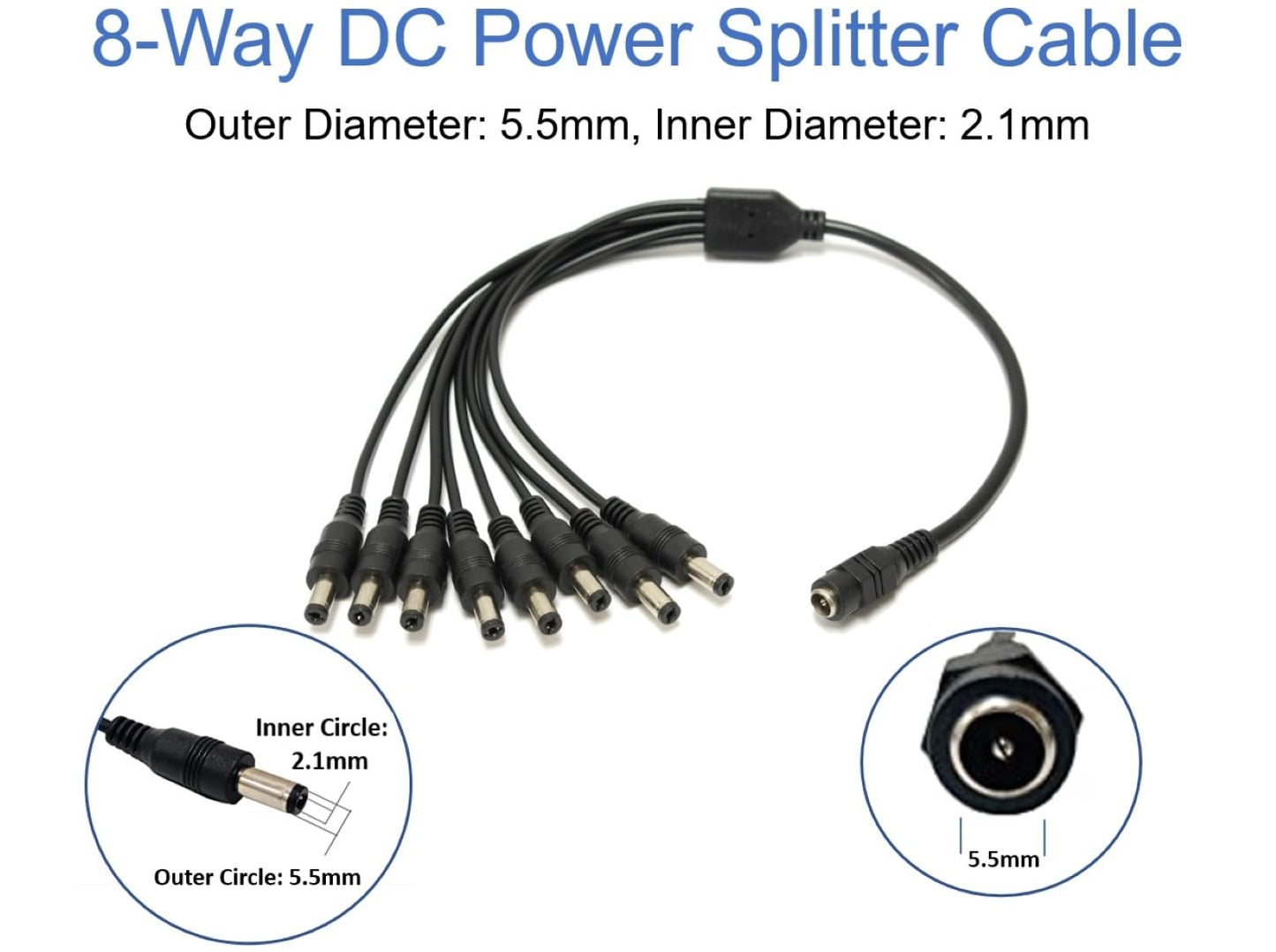 SOLTECH 8 Way DC Power Splitter Cable for Security Cameras 1 Female to 8 Male 5.5 * 2.1mm 8 Channel Y Adaptor for CCTV Surveillance Cameras
