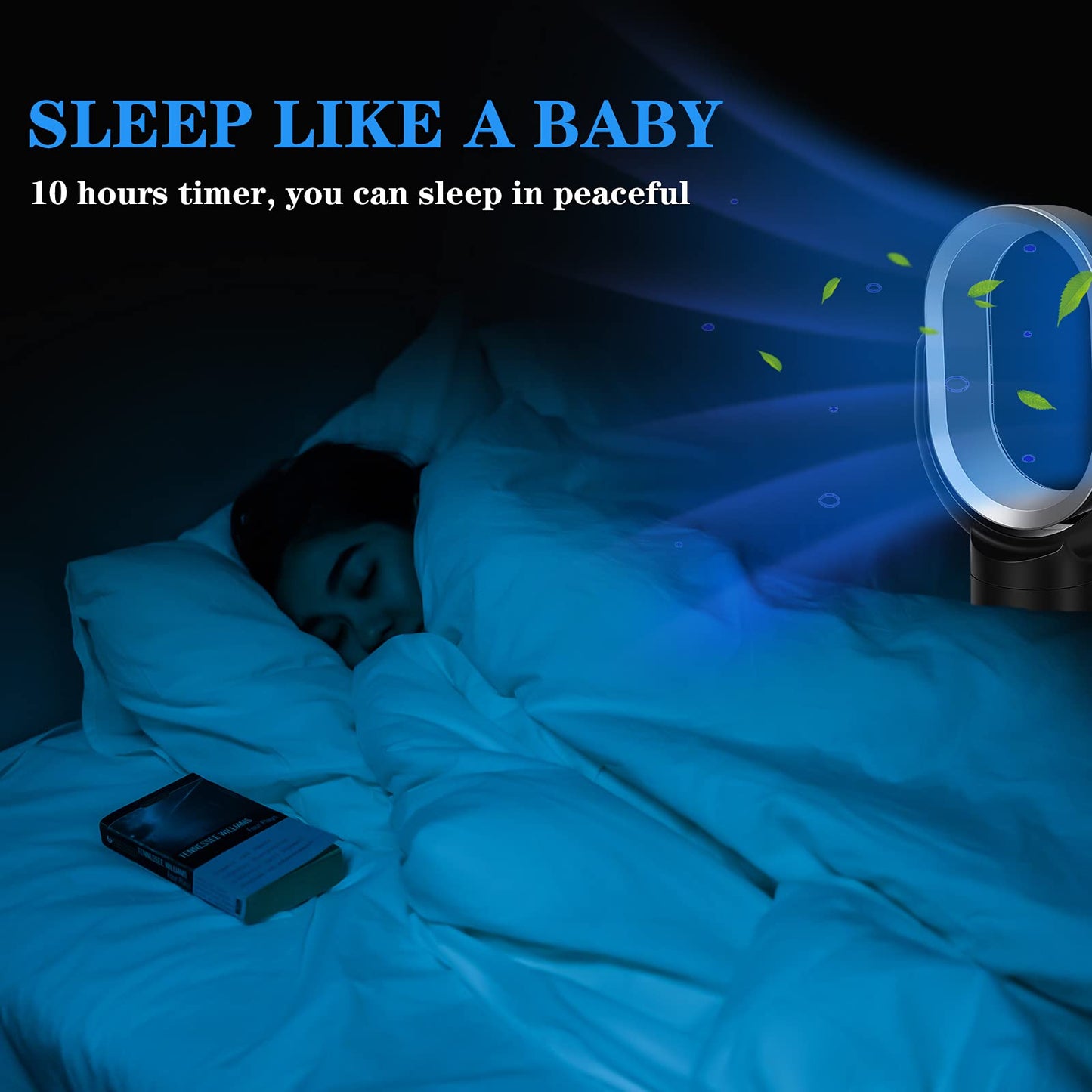 HealSmart Portable Bladeless Tower Fan, 10 Speeds Settings, 10-Hour Timing Closure, Low Noise, Lightweight, 24 Inches, Black