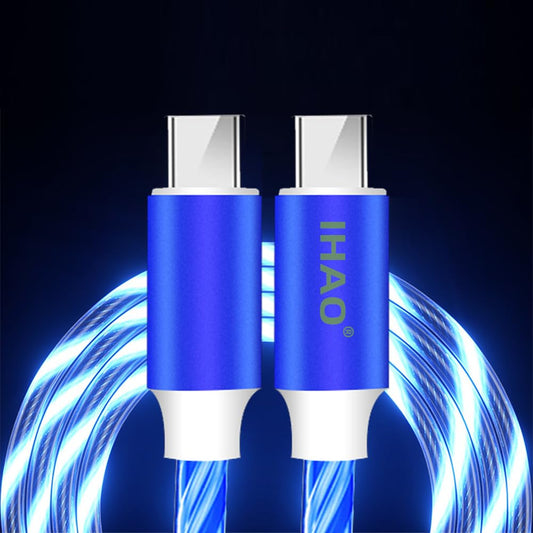 IHAO USB Type C to Type C PD 60W Fast Charging Cable Phone Charger High Data Speed Cool Light Up LED Current Flowing for All USB C Device-Blue/39